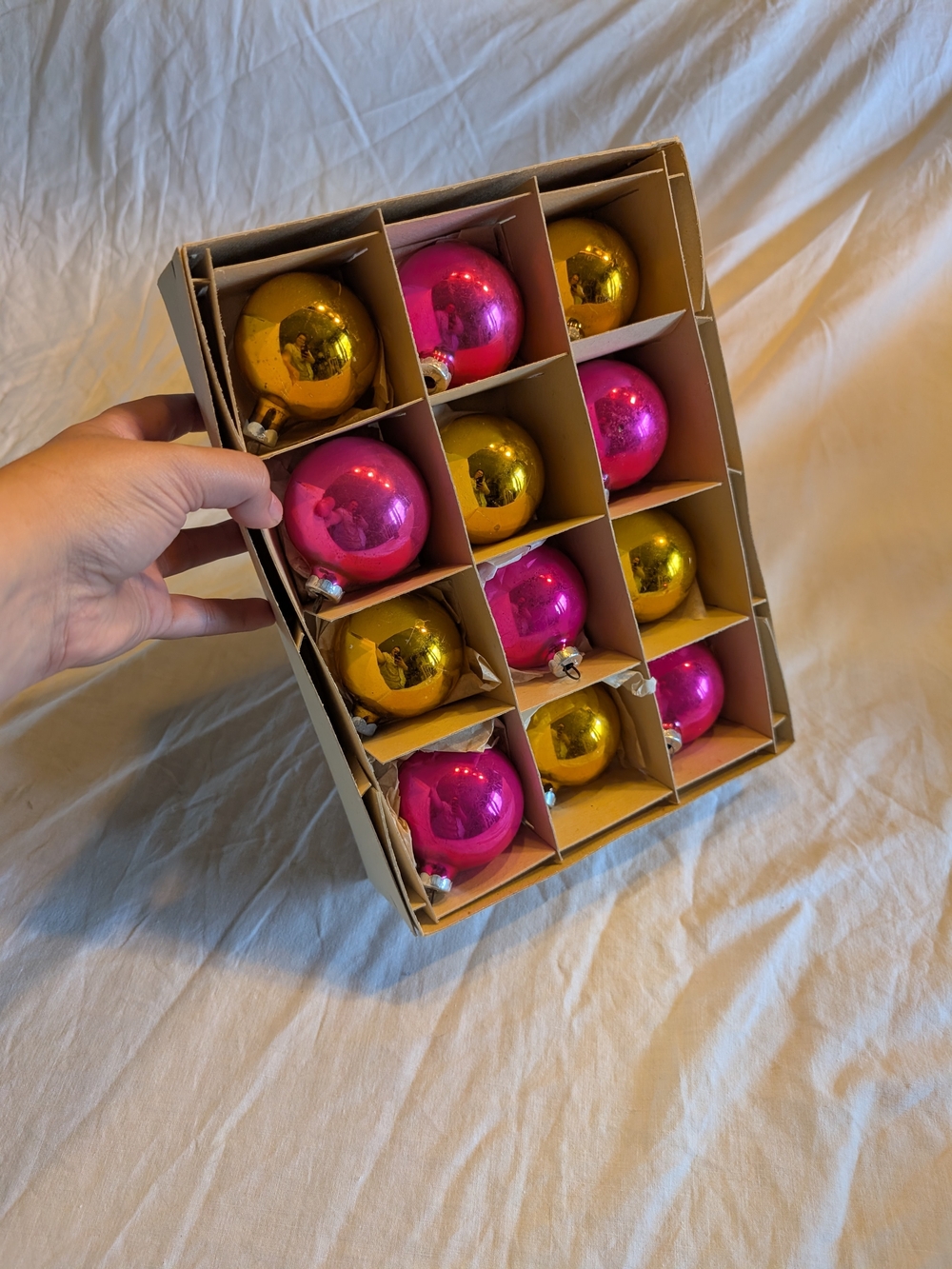 2/60$ Vintage Pink and Gold Glass Holiday Ornaments - Box of 12